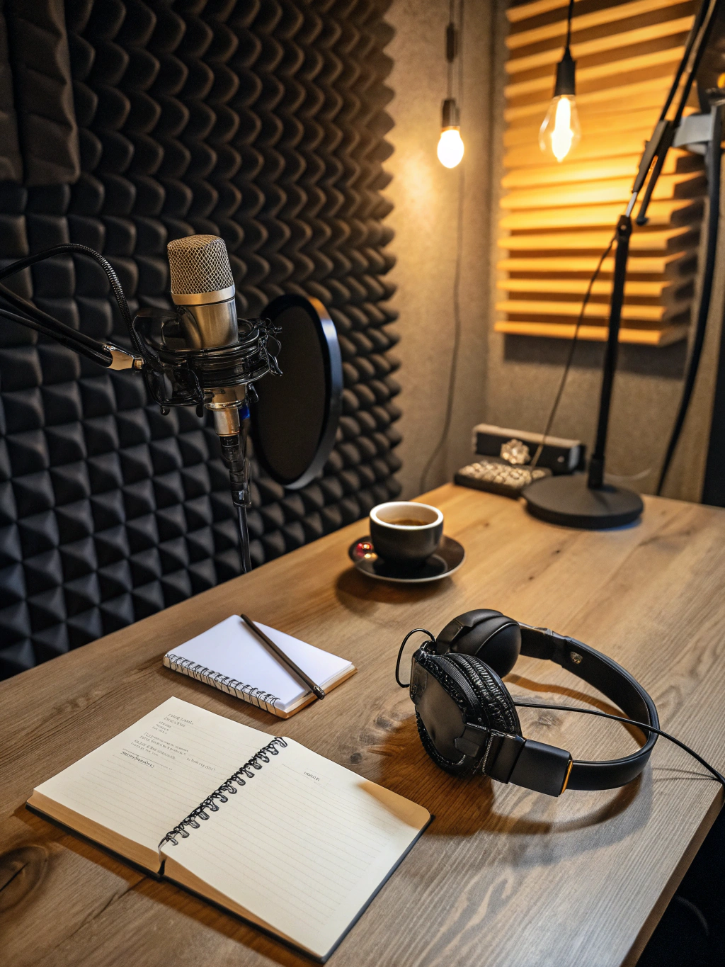 Warm wooden studio desk with podcast microphone, headphones, open notebook, and morning tea