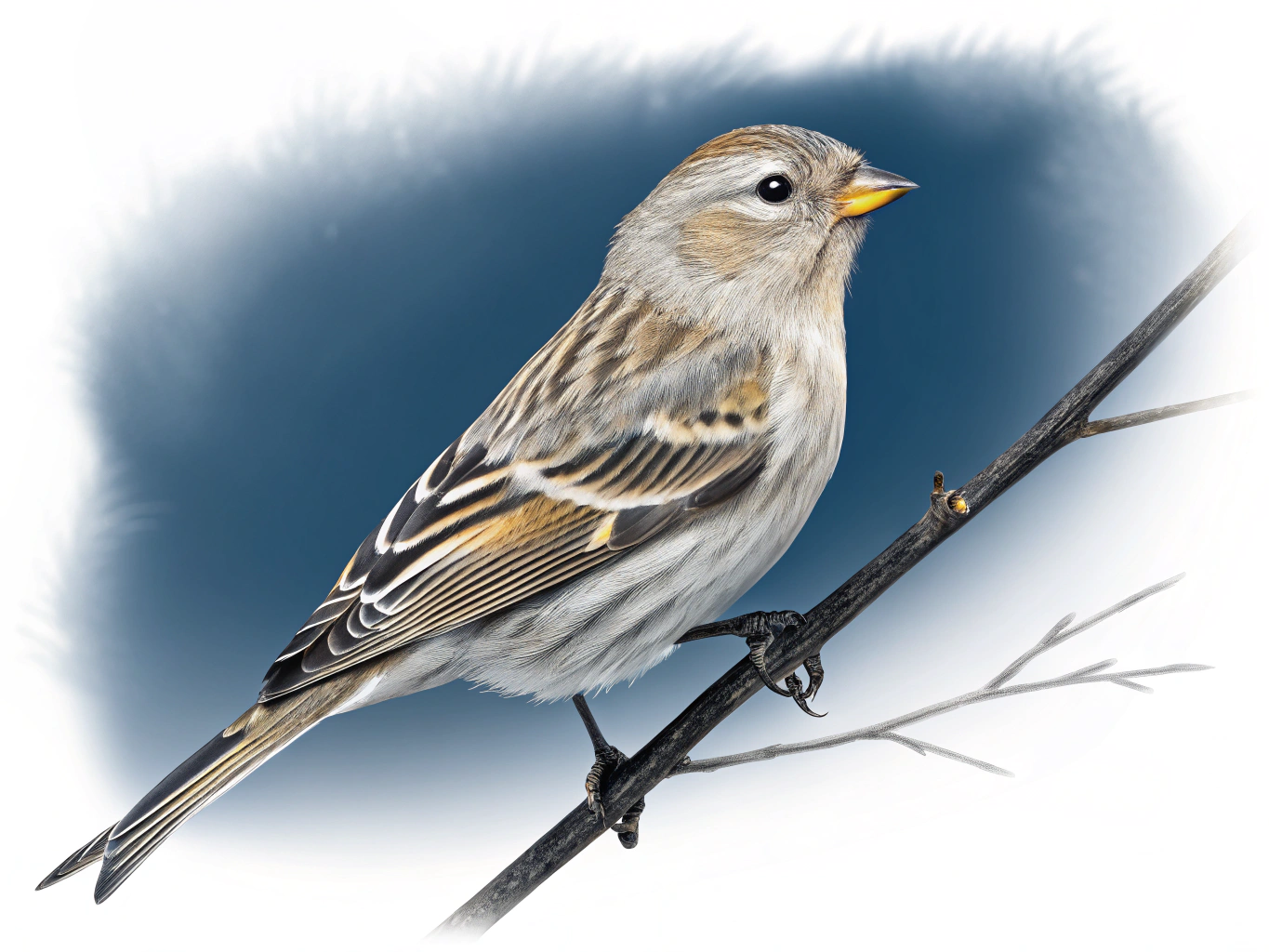 Hand-drawn ink illustration of a bird with a coffee mug