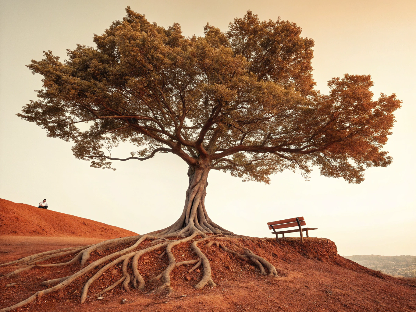 Hand-drawn minimalist sketch of a hillside oak tree