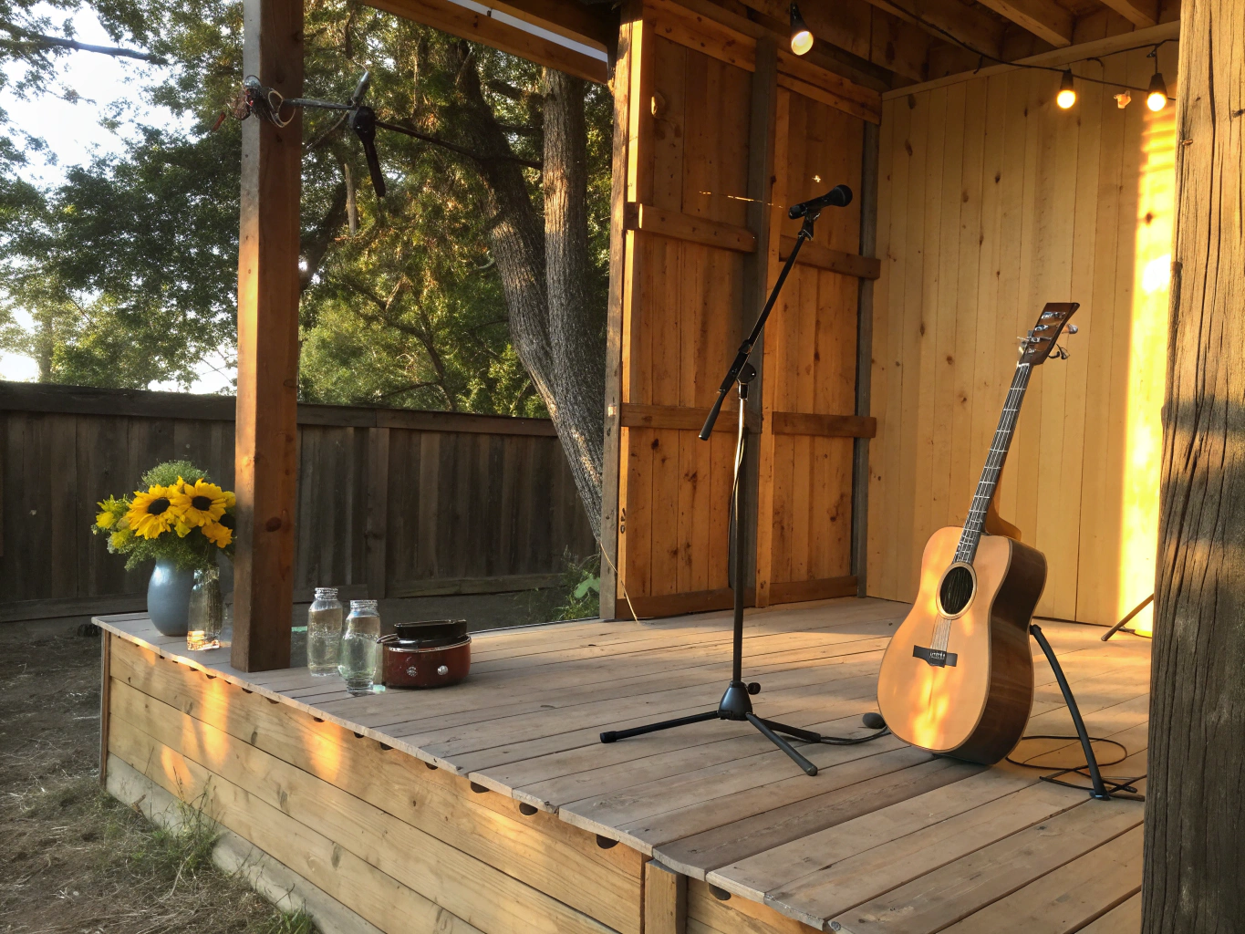 Sunlit countryside path and acoustic instruments